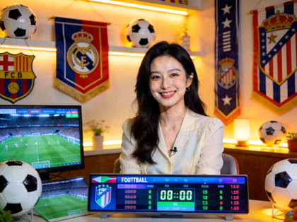 说球帝美女主播Cici的直播画面，温柔甜美笑容搭配足球主题直播间