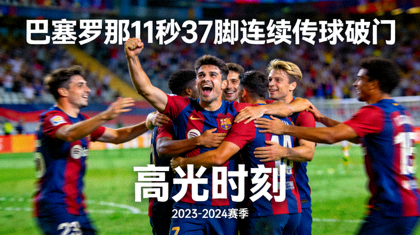 足球高光集锦封面：巴塞罗那众多球员完成11秒37脚连续传球后的破门庆祝画面